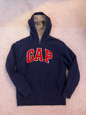 GAP Kids Navy Fleece Lined Zip-Up Hoodie with Red Logo